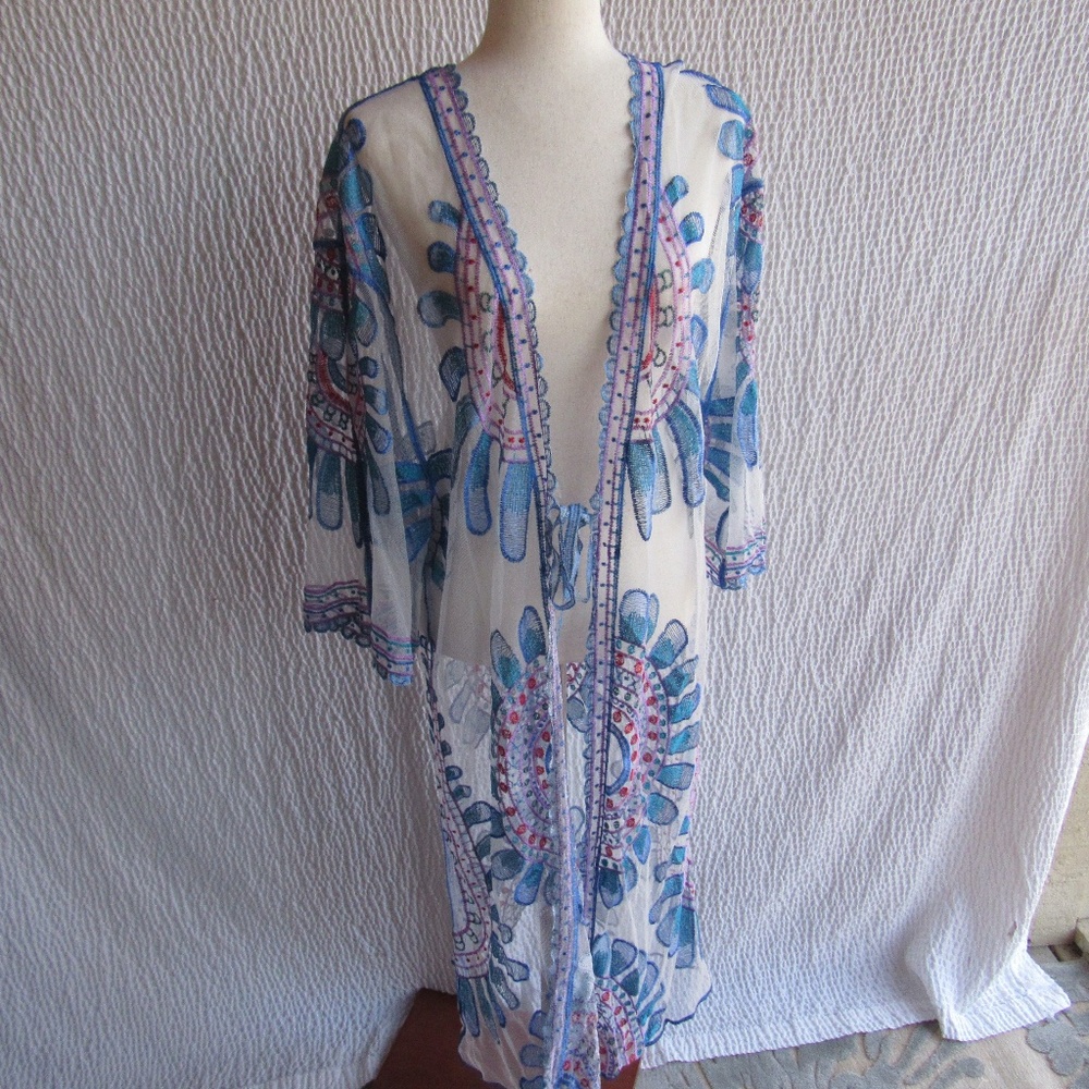 Maxi Duster Cardigan L Long Embroidered White Blue Pink Swim Cover Top Shirt